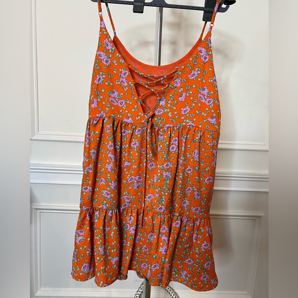 Spaghetti strap, bright orange, purple and blue floral sundress - Picture 2 of 4